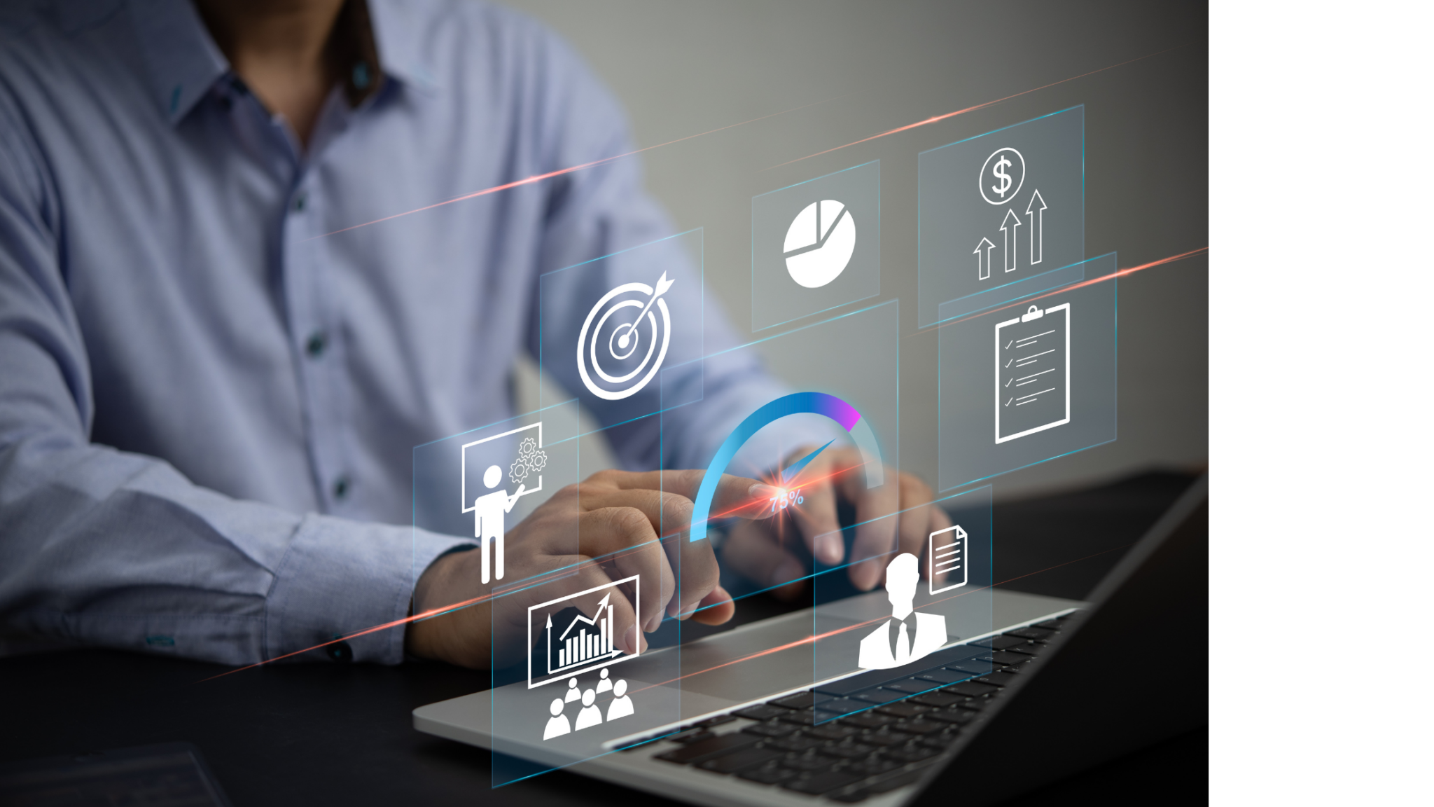 a person using a laptop with icons on the screen